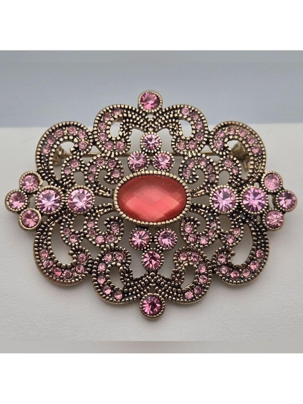 Monet Pink Rhinestone Filigree Flower Brooch Vintage Antique Estate Sale